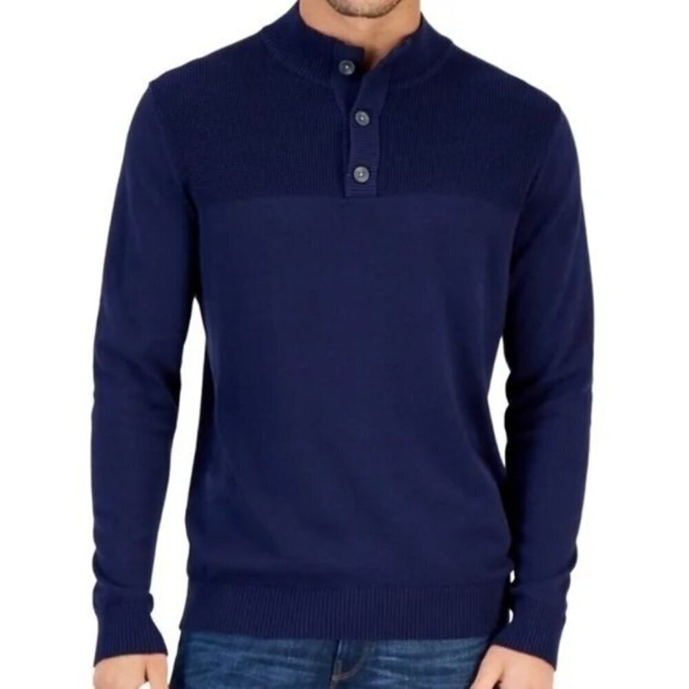 New! Club Room Men's Button Mock Long Sleeve Knit Sweater Navy Blue Xxl